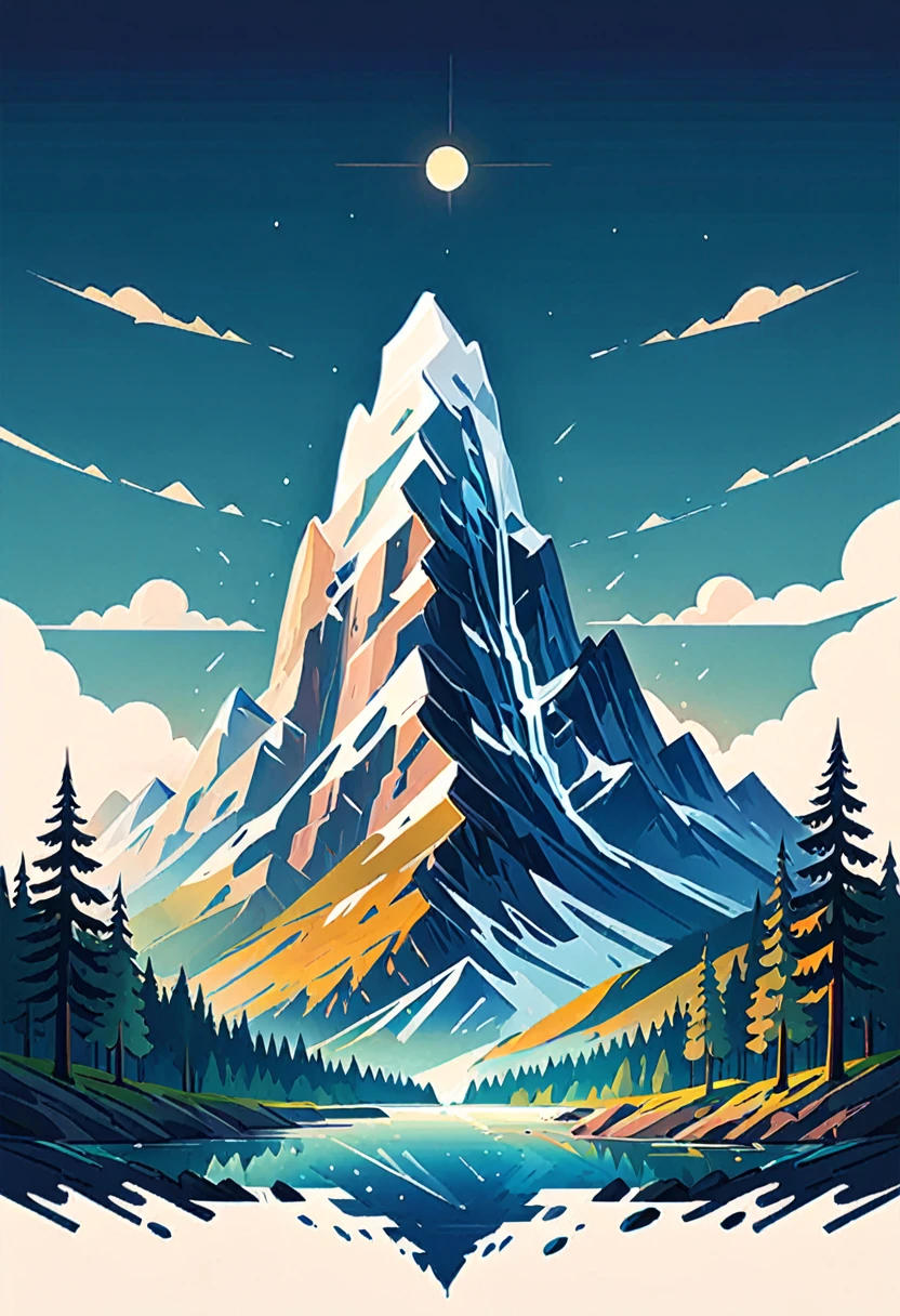 impressive painting of a mountain with trees and water, a detailed painting by Petros Afshar, shutterstock contest winner, environmental art, detailed painting, outlined art, 2d game art, isolated background for logo, strong contours, logo design