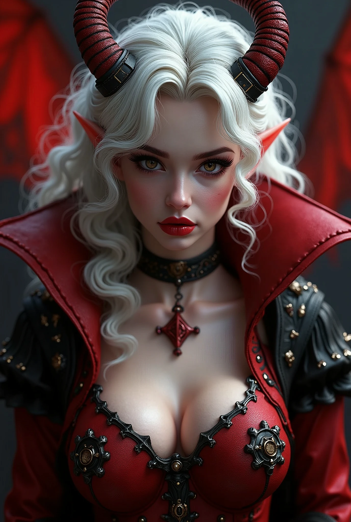 8k,White curly hair with vampire fangs,Very large breastsを持つ女王のクローズアップ(Ultra-realisticな肌), so beautiful(Like the real thing),Elf Ears,2. 5D CGIファンタジーアートワーク,Portrait of the Queen of the Underworld, Very exquisite work of art, Types of bacteria ; 3d unreal engine, demon queen, Big blow Loss Draw, Up to the model | Types of bacteria, Beautiful Succubus Surreal Exact details,Ultra-high resolution,Ultra-realistic,Luxurious red and black combat trousers,Sexy Costumes,An elaborately crafted demonic symbol,Muscularでスリムなマッチョな男性,Muscular, Muscular man with slim legs,Rich colors, Backlight, Cinema Lighting, Film Grain, 50mm lens, Nikon D850,Ultra-high resolution,Ultra-realistic,Compensate,Super sexy,smile,Well defined abdominal muscles,Big eyes,Very large breasts,全身Muscular,,8 Super Strong Abs,Dark purple eyeshadow,God of,Dark Purple Rouge,Sharp eyes,Golden Eyes,Red devil horns,Top View,close,Very large breastsの谷間を強調する,Gorgeous red and black long coat(Leather goods),