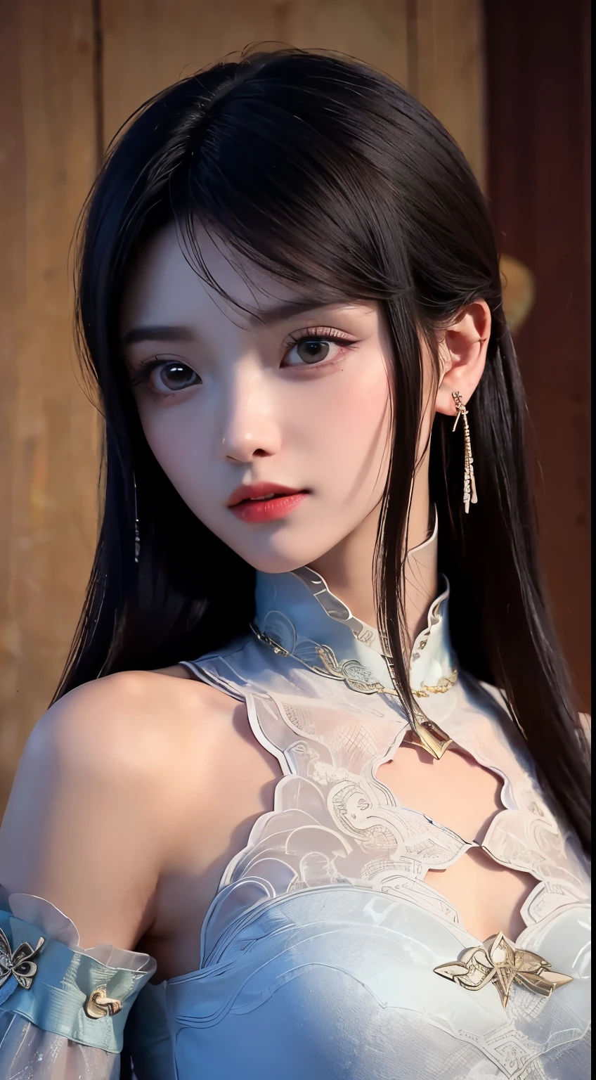 A beautiful girl in ancient costume, Pink and bright white outfit, Long, silky black hair, Headdress and necklace, beautiful small face thin eyebrows, big round black eyes, Delicate and delicate makeup eyelashes, High 코, wearing earrings,small red lips, rosy face, big round breasts, firm breasts, breast augmentation,Slim and fit, Portrait of a beautiful girl, 8k photo, super High quality, surreal, 10x Super Pixel, picture 현실적인, dark studio, border light, two tone lighting, (detailed skin) High: 1.2), 8k uhd, dslr, soft light, High quality, volumetric lighting, candid, picture, High resolution, 4K quality, 8k, bokeh, soft and sharp, Pixel up 10x, (background space: 1.8), (Galaxy: 1.7), Aurora, Lightning, (Aurora 배경: 1.8),