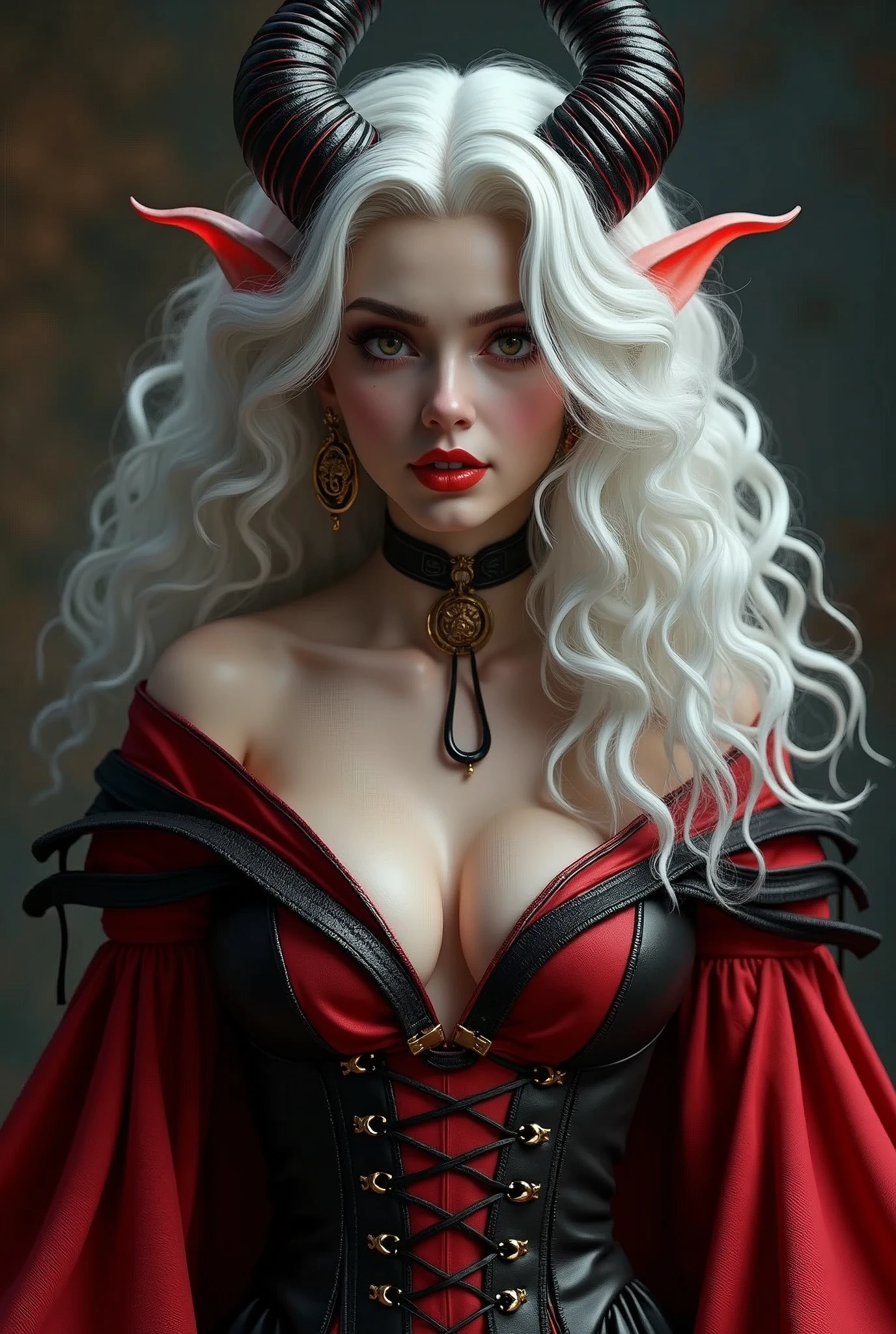 8k,White curly hair with vampire fangs,Very large breastsを持つ女王のクローズアップ(Ultra-realisticな肌), so beautiful(Like the real thing),Elf Ears,2. 5D CGIファンタジーアートワーク,Portrait of the Queen of the Underworld, Very exquisite work of art, Types of bacteria ; 3d unreal engine, demon queen, Big blow Loss Draw, Up to the model | Types of bacteria, Beautiful Succubus Surreal Exact details,Ultra-high resolution,Ultra-realistic,Luxurious red and black combat trousers,Sexy Costumes,An elaborately crafted demonic symbol,Muscularでスリムなマッチョな男性,Muscular, Muscular man with slim legs,Rich colors, Backlight, Cinema Lighting, Film Grain, 50mm lens, Nikon D850,Ultra-high resolution,Ultra-realistic,Compensate,Super sexy,smile,Well defined abdominal muscles,Big eyes,Very large breasts,全身Muscular,,8 Super Strong Abs,Dark purple eyeshadow,God of,Dark Purple Rouge,Sharp eyes,Golden Eyes,Red devil horns,Top View,close,Very large breastsの谷間を強調する,Gorgeous red and black long coat(Leather goods),