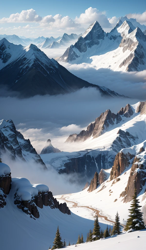 The majestic peaks of the Misty Mountains, their snow-capped summits piercing through the clouds, with a narrow, winding path leading into the distance.