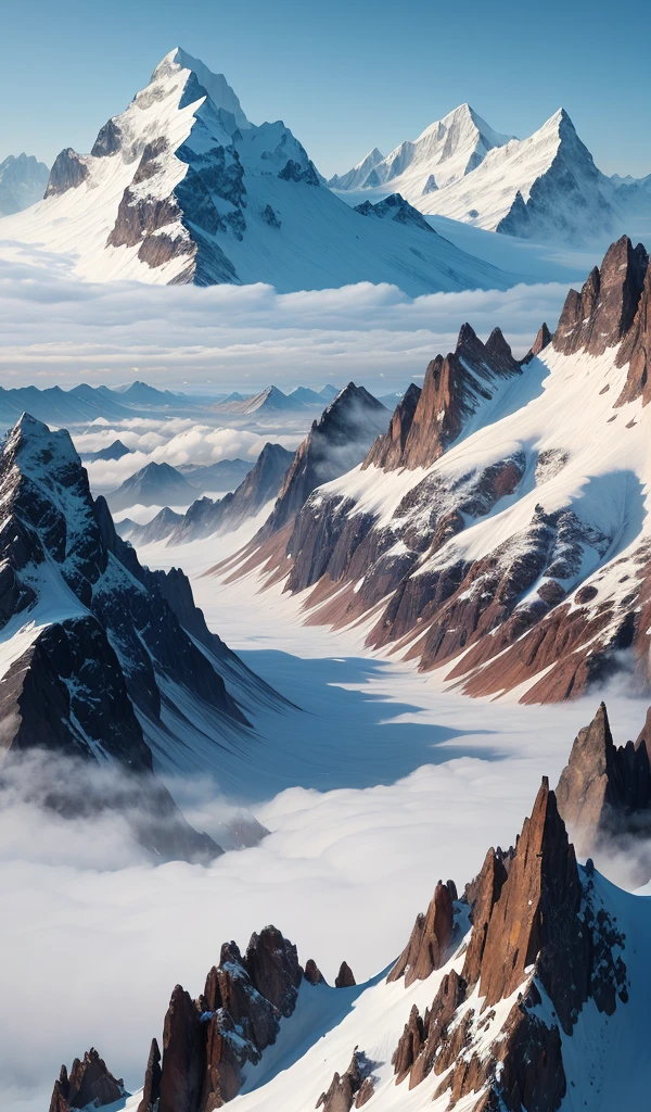 The majestic peaks of the Misty Mountains, their snow-capped summits piercing through the clouds, with a narrow, winding path leading into the distance.