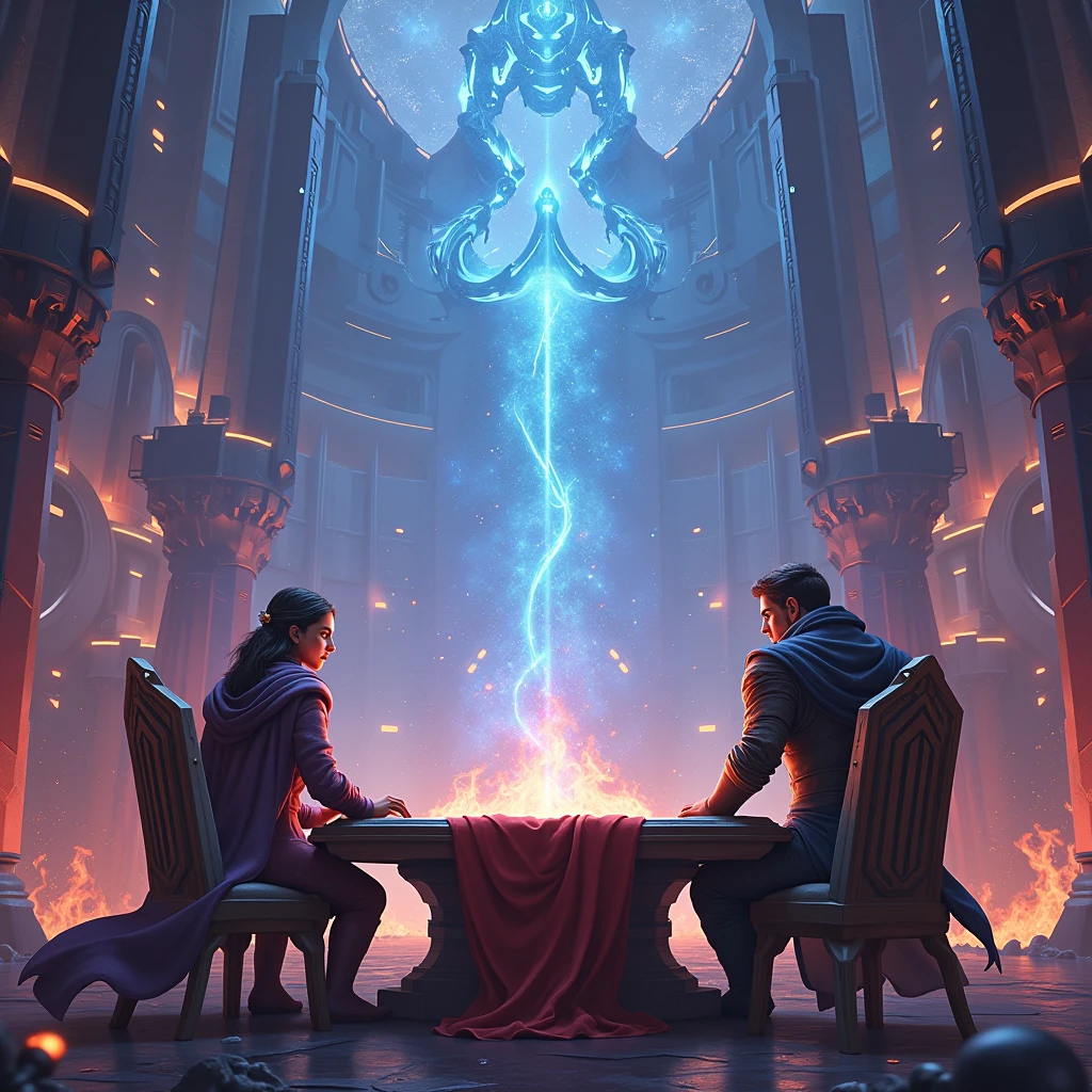 Card Game, Card Game arena, two players stand by a huge game table, cards on the table, fantasy heroes call by futurism cards, (best quality, masterpiece), intricate details, ultra-detailed, vivid colors