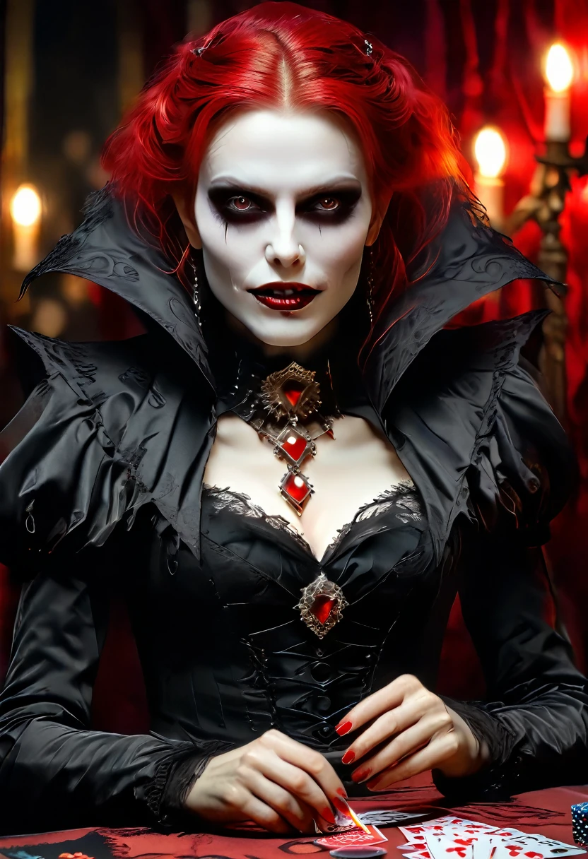 a portrait of a vampire playing poker game of cards, holding cards ((cards not shown:1.5)) blood dripping from the cards dripping blood, an exquisite beautiful vampire, goth vampire, ((dynamic hair color: 1.5)), white pale skin, some blood veins are seen on the skin, red lips, red eyes, glowing eyes, wearing goth dress, silk dress, there are diamonds on the dress, earing a choker studded with a red diamond, ((vampire fangs:1.5)), she sits near a poker table in a dark fantasy room, there is a playing table, torch light,  vibrant, Ultra-high resolution, High Contrast, (masterpiece:1.5), highest quality, Best aesthetics), best details, best quality, highres, ultra wide angle, 16k, [ultra detailed], masterpiece, best quality, (extremely detailed: 1.5), vampire fangs, NRART