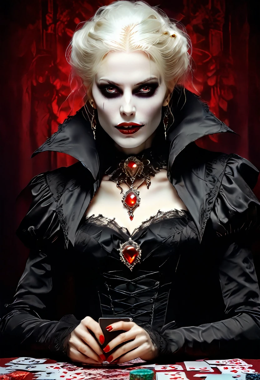 a portrait of a vampire playing poker game of cards, holding cards ((cards not shown:1.5)) blood dripping from the cards dripping blood, an exquisite beautiful vampire, goth vampire, ((dynamic hair color: 1.5)), white pale skin, some blood veins are seen on the skin, red lips, red eyes, glowing eyes, wearing goth dress, silk dress, there are diamonds on the dress, earing a choker studded with a red diamond, ((vampire fangs:1.5)), she sits near a poker table in a dark fantasy room, there is a playing table, torch light,  vibrant, Ultra-high resolution, High Contrast, (masterpiece:1.5), highest quality, Best aesthetics), best details, best quality, highres, ultra wide angle, 16k, [ultra detailed], masterpiece, best quality, (extremely detailed: 1.5), vampire fangs, NRART