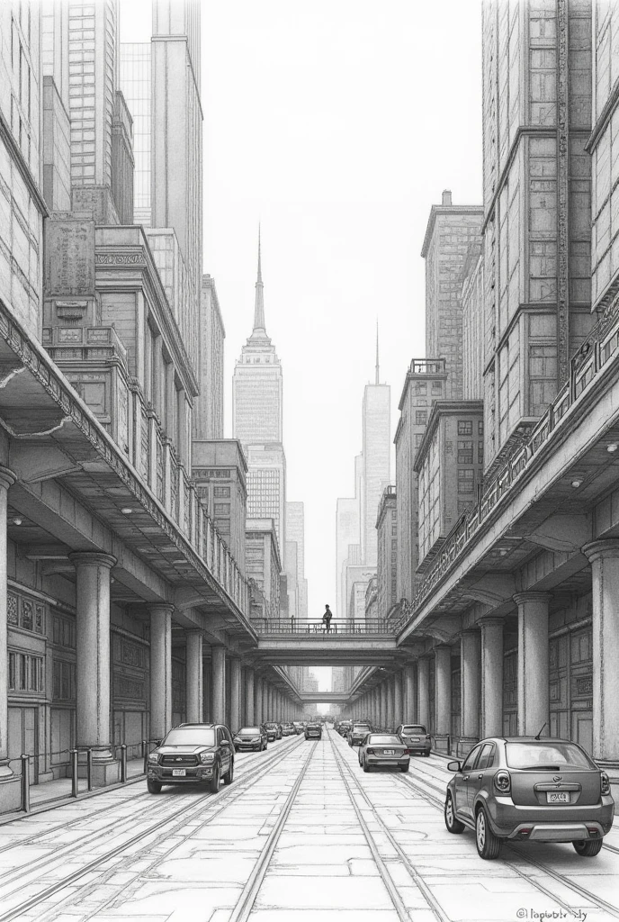 Pencil drawings Urban landscapes with parallel perspective 