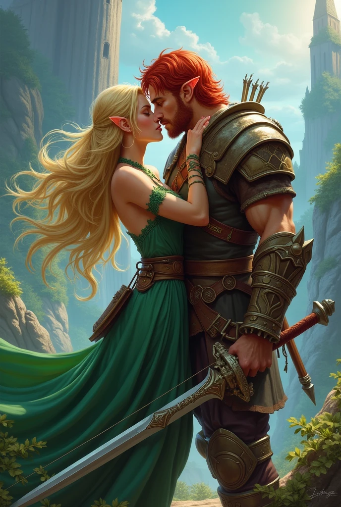 Blood Elf Archer, blonde, Warcraft, kissing with blood elf warrior, rubio, sword and shield