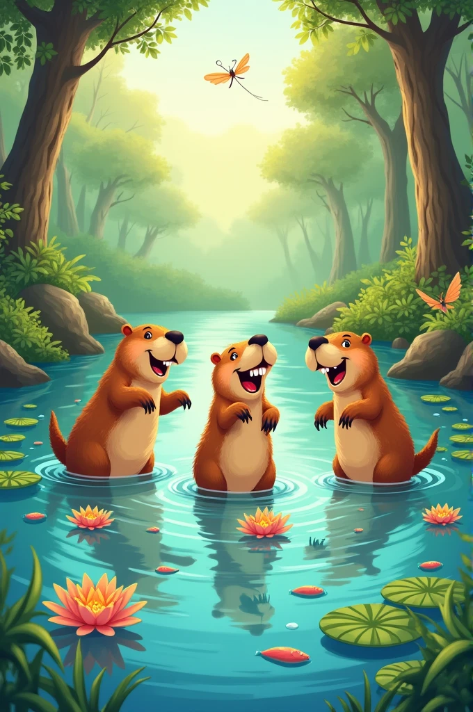A book illustration featuring capybaras dancing and playing in a river. perfil: childish and colorful.
Add title: The Enchanted World of Capybaras"