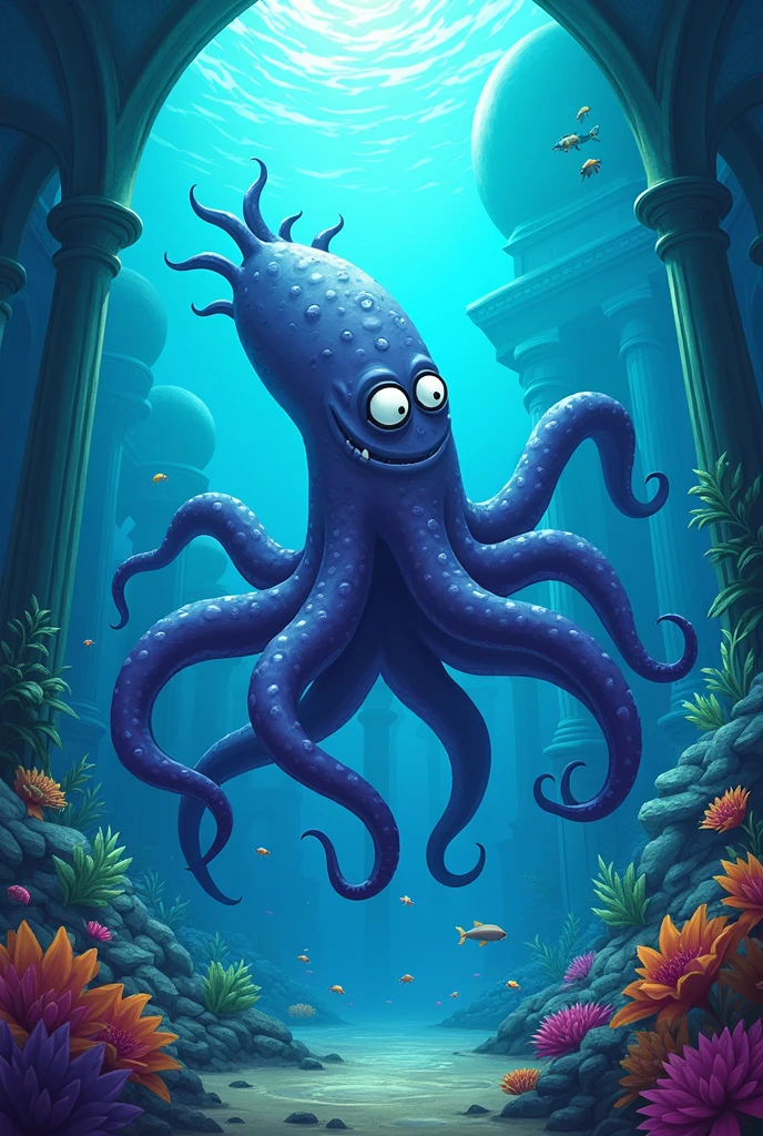 cartoon kraken in mysterious atlantis