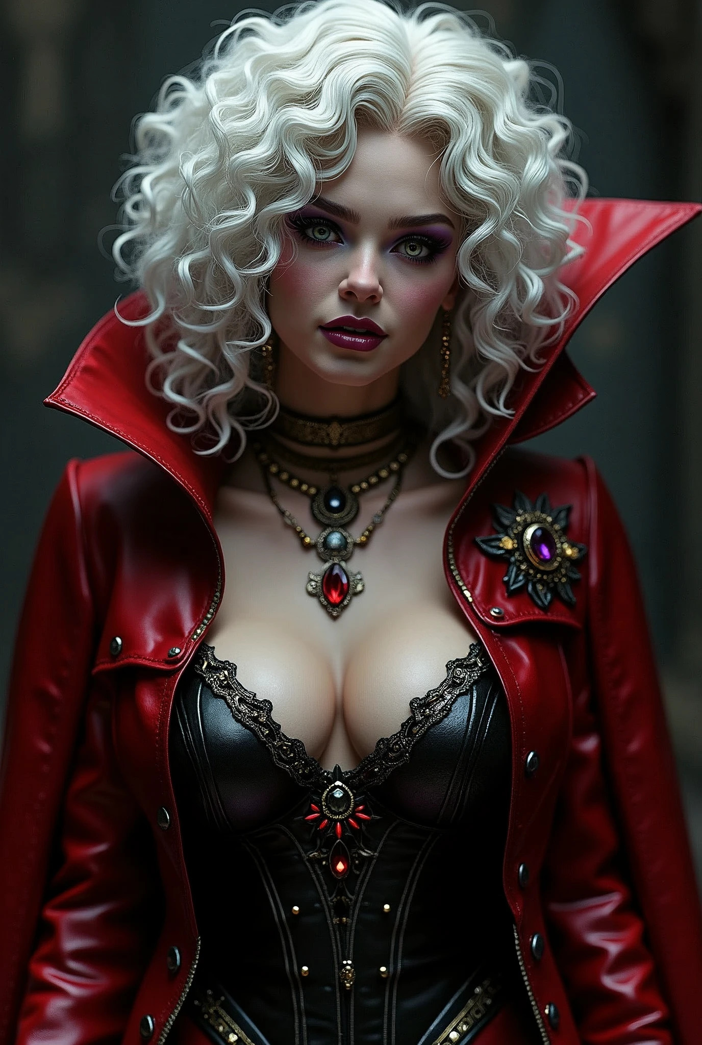 8k,White curly hair with vampire fangs,Very large breastsを持つ女王のクローズアップ(Ultra-realisticな肌), so beautiful(Like the real thing),Elf Ears,2. 5D CGIファンタジーアートワーク,Portrait of the Queen of the Underworld, Very exquisite work of art, Types of bacteria ; 3d unreal engine, demon queen, Big blow Loss Draw, Up to the model | Types of bacteria, Beautiful Succubus Surreal Exact details,Ultra-high resolution,Ultra-realistic,Luxurious red and black combat trousers,Sexy Costumes,An elaborately crafted demonic symbol,Muscularでスリムなマッチョな男性,Muscular, Muscular man with slim legs,Rich colors, Backlight, Cinema Lighting, Film Grain, 50mm lens, Nikon D850,Ultra-high resolution,Ultra-realistic,Compensate,Super sexy,smile,Well defined abdominal muscles,Big eyes,Very large breasts,全身Muscular,,8 Super Strong Abs,Dark purple eyeshadow,God of,Dark Purple Rouge,Sharp eyes,Golden Eyes,Red devil horns,Top View,close,Very large breastsの谷間を強調する,Gorgeous red and black long coat(Leather goods),