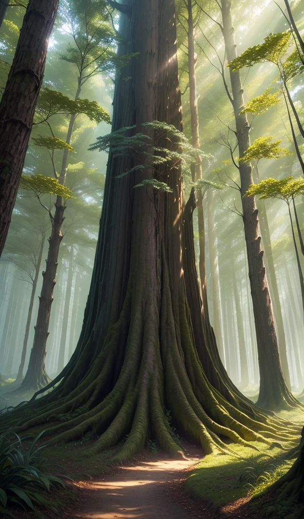 The ancient, enchanted forest of Lothlórien, tall silver trees with golden leaves, their branches creating a canopy of light and shadow, a soft glow emanating from within.