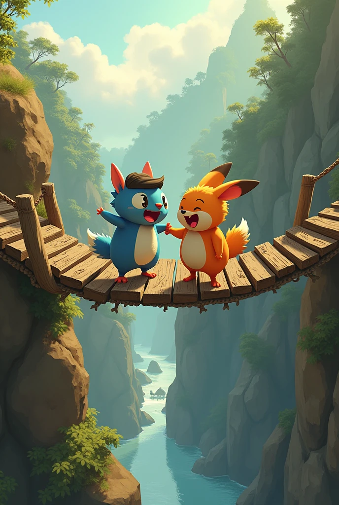 Action: Huppy encourages Ravi to cross the bridge. How does Ravi overcome his fear, and what steps do they take to cross the bridge safely?