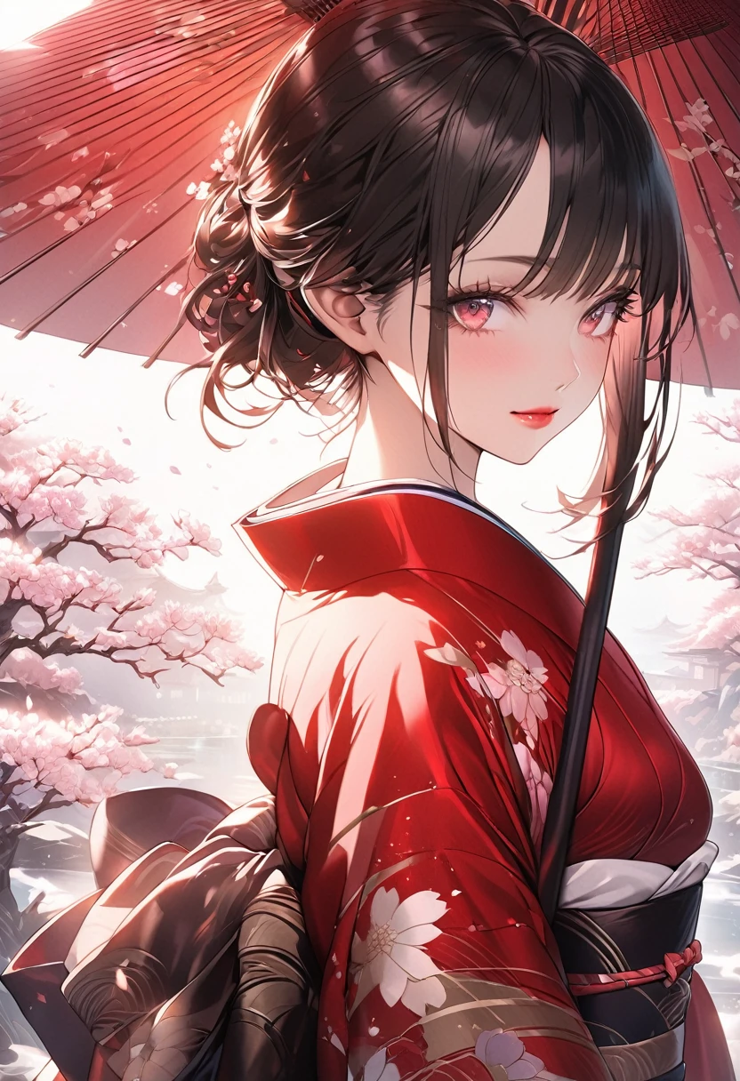 A hyper realistic Anime style portrait, Create a digital painting of an elegant woman dressed in a traditional Japanese kimono with a modern twist. The kimono is primarily black, providing a strong and sophisticated base, and features red and pink cherry blossom patterns that add warmth and delicacy. The red obi (belt) complements the kimono and adds a vibrant contrast. The woman is holding a large red umbrella above her, with subtle highlights that suggest sunlight filtering through. Her eyes are closed, exuding grace and serenity, and her hair is styled in a neat updo with soft waves. The background should depict a serene Japanese garden with cherry blossom trees in full bloom and a traditional pagoda structure in muted reds, with soft pastel hues creating a peaceful atmosphere. The textures should be smooth and polished, with the kimono appearing silky and luxurious, and the cherry blossoms delicate and soft. The overall atmosphere should be calm and sophisticated, with a harmonious blend of colors and textures that emphasize the character’s elegance and the serene setting, beautiful girl, beautiful detailed eyes, beautiful detailed lips, extremely detailed face and skin, long eyelashes, graceful pose, serene expression, cinematic lighting, award-winning digital art, highly detailed, 8k, photorealistic, masterpiece, vibrant colors, dramatic lighting