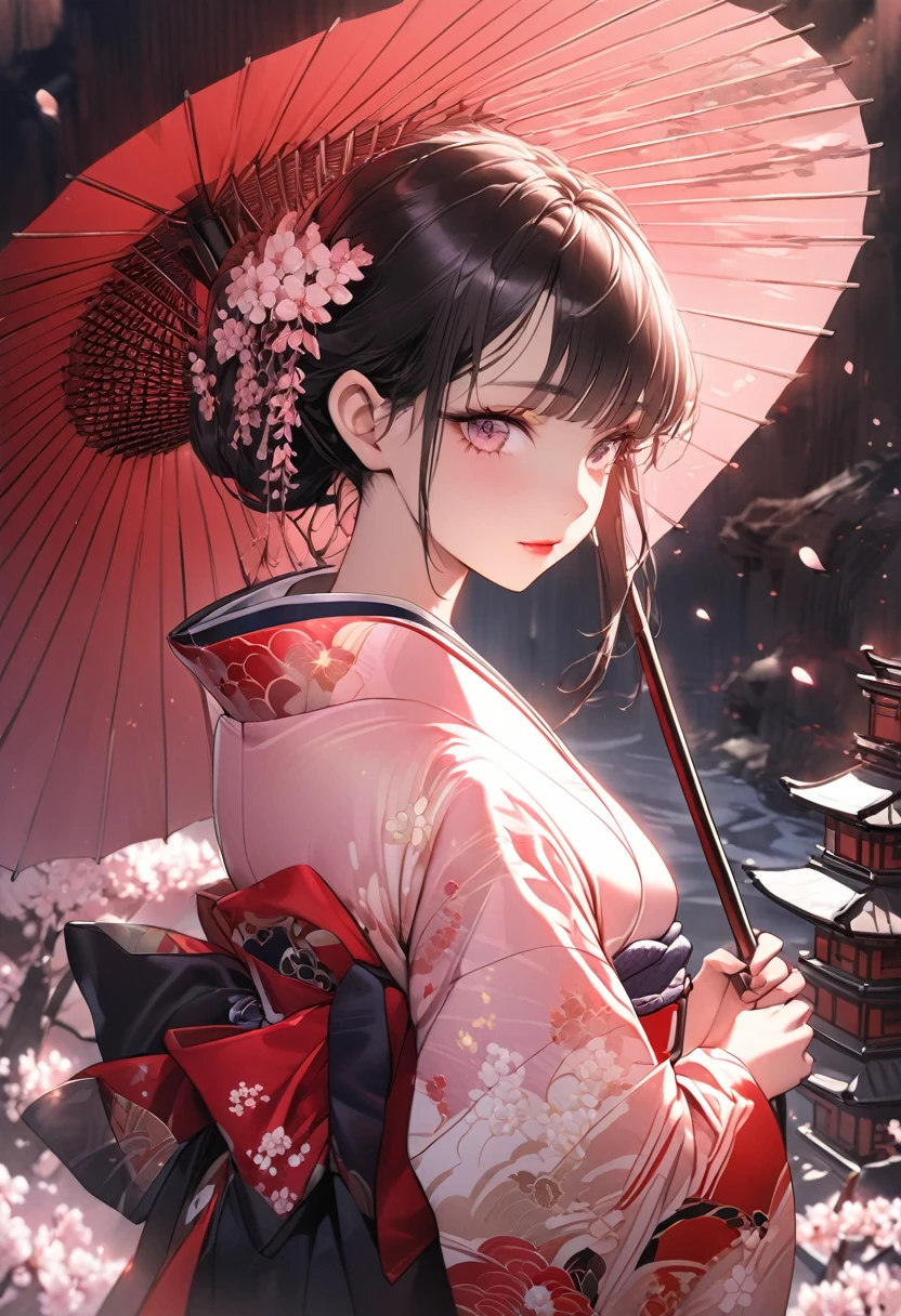 A hyper realistic Anime style portrait, Create a digital painting of an elegant woman dressed in a traditional Japanese kimono with a modern twist. The kimono is primarily black, providing a strong and sophisticated base, and features red and pink cherry blossom patterns that add warmth and delicacy. The red obi (belt) complements the kimono and adds a vibrant contrast. The woman is holding a large red umbrella above her, with subtle highlights that suggest sunlight filtering through. Her eyes are closed, exuding grace and serenity, and her hair is styled in a neat updo with soft waves. The background should depict a serene Japanese garden with cherry blossom trees in full bloom and a traditional pagoda structure in muted reds, with soft pastel hues creating a peaceful atmosphere. The textures should be smooth and polished, with the kimono appearing silky and luxurious, and the cherry blossoms delicate and soft. The overall atmosphere should be calm and sophisticated, with a harmonious blend of colors and textures that emphasize the character’s elegance and the serene setting, beautiful girl, beautiful detailed eyes, beautiful detailed lips, extremely detailed face and skin, long eyelashes, graceful pose, serene expression, cinematic lighting, award-winning digital art, highly detailed, 8k, photorealistic, masterpiece, vibrant colors, dramatic lighting