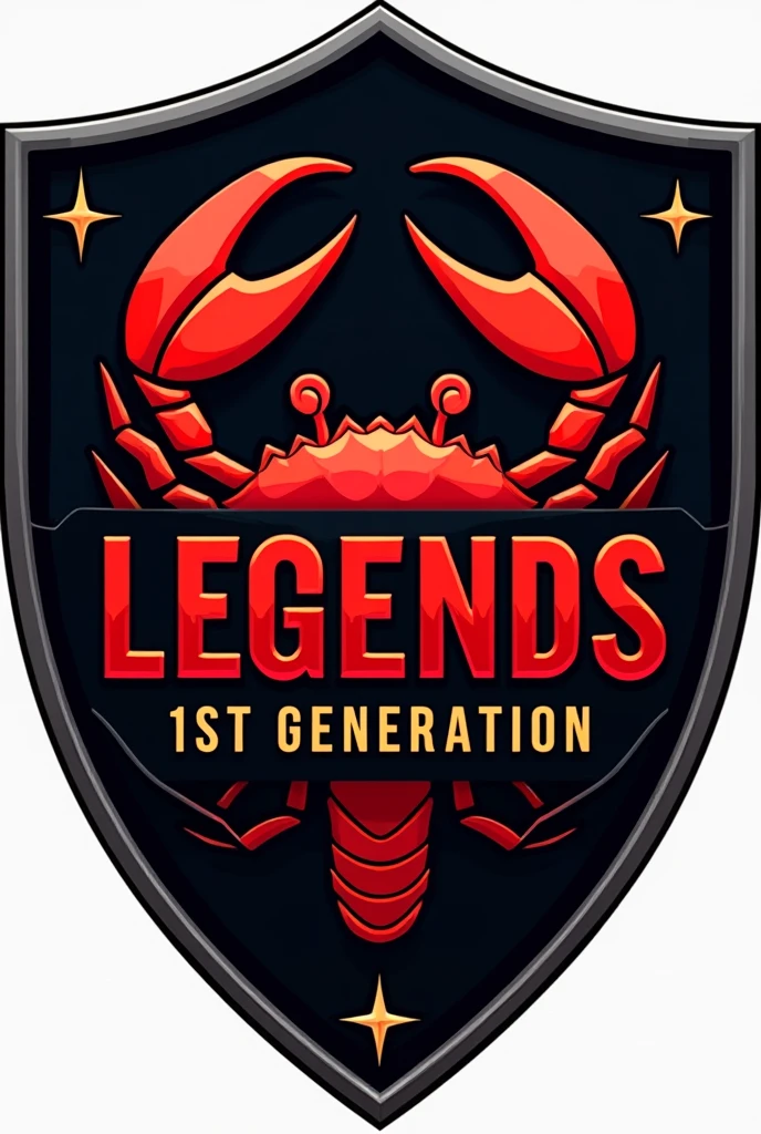 Image that says "legends: 1st generation" in red inside a shield containing a crab