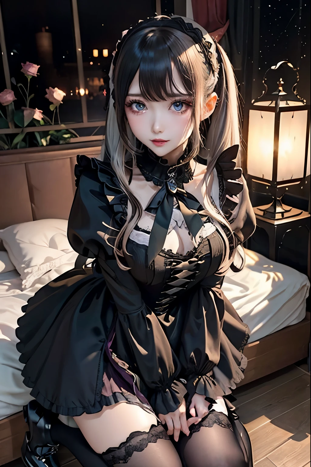 ハードなDark Gothicメイク、Black dark eyeshadow、sad、Good skin radiance、Dark Gothicメイク、Dark smile、palace、The beauty of fragrance、24-years-old、Expressions of intense sexual pleasure、Embarrassed look、Dark Gothic、Highest quality、Expression of sexual pleasure without pain、Drunk face、Purple maid outfit、mysterious、noble、Loving smile、Twin tail hair、Right eye is blue、Left eye is red、Super tempting pose、Platform heel shoes、Heavy makeup、Gothic Lolita Clothing、Silver Hair、Long Hair Straight Hair、Cute Gothic Lolita Dress、Beautiful Face、Elegant face、Attractive face、Stained glassの背景、Chest glistening with sweat、The room is dark、goth long dress、Bell Sleeves、Wizard Sleeve、Decadent look、Sexually excited expression、Wet shiny thigh water、Thighs that are wet and shiny with oil、Background of a room full of roses、Sad look、Rose Maiden、The embroidery is pink、The dress has pink embroidery.、Thigh-high socks、Knee-high socks、Gentle expression、Dark black eyeshadow、Stained glassとバラの背景、Thighs are a little thin、Female Duo、Female couple、dark church background、Stained glass、Black metal world、Dark Castle、Dark Room、Slender body、gothic long dress、Victorian dress、Small breasts、With a glass of wine in your right hand、With a lantern in his left hand、The bed is covered with roses、Her thighs are shining with sweat、My body is wet and shiny、There is a lot of glitter on the thighs、I am sweating、My thighs are sticky with sweat.、My thighs are glistening with sweat、My whole body is sweaty and shiny、I sweated a lot.、My thighs are sweaty、My wet thighs are glistening with sweat.、There is a lot of sweat shining all over my body、Slender body、I rest my head on the pillow、Sleeping in bed、Beautiful legs、Outstretched legs、Lying in bed、Lying on your back in bed、On all fours、Knee Up、Kneel、Put your arms behind your back、Kneeling on the bed、Super beautiful straight hair、Straight hair to the ends、Straight Perm Hair、Show off your glamorous thighs、Sit on the bed、Ass on the bed、Sitting with legs wide apart、Thighs are a little glamorous、