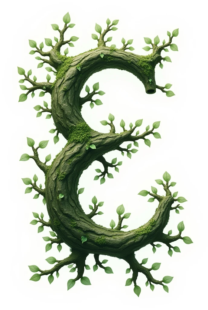 "A capital letter 'E' with an acute accent, in Art Nouveau style, formed by intertwined branches of an ancient tree, with leaves in shades of emerald green. The pure white background"