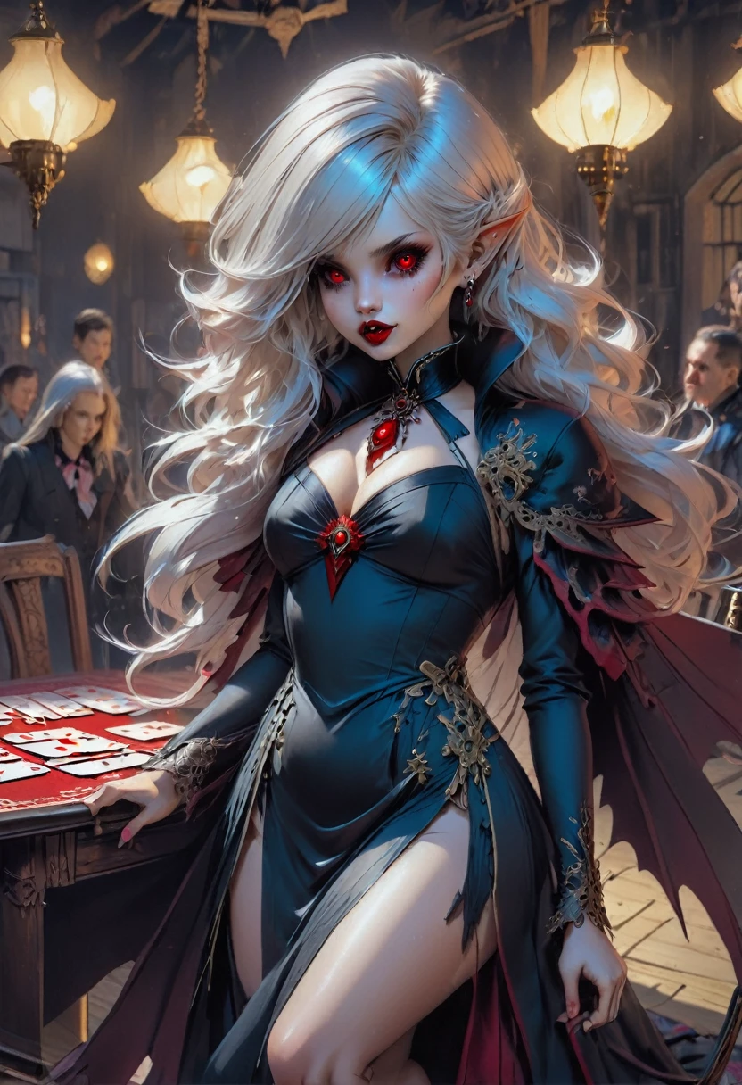 a portrait of a vampire playing poker game of cards, holding cards ((cards not shown:1.5)) the cards are dripping blood, an exquisite beautiful vampire, goth vampire, ((dynamic hair color: 1.5)), white pale skin, some blood veins are seen on the skin, red lips, red eyes, glowing eyes, wearing goth dress, silk dress, there are diamonds on the dress, earing a choker studded with a red diamond, ((vampire fangs:1.5)), she sits near a poker table in a dark fantasy room, there is a playing table, torch light,  vibrant, Ultra-high resolution, High Contrast, (masterpiece:1.5), highest quality, Best aesthetics), best details, best quality, highres, ultra wide angle, 16k, [ultra detailed], masterpiece, best quality, (extremely detailed: 1.5), vampire fangs, NRART