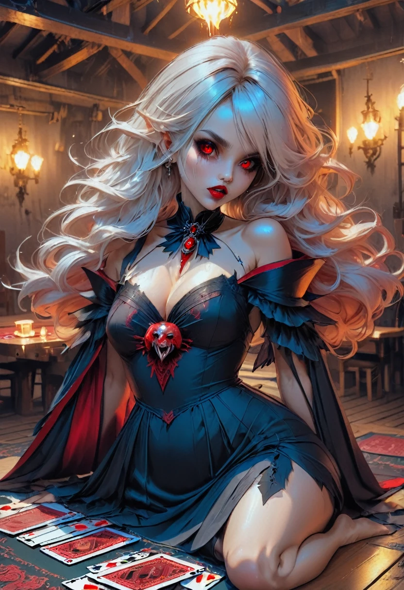 a portrait of a vampire playing poker game of cards, holding cards ((cards not shown:1.5)) the cards are dripping blood, an exquisite beautiful vampire, goth vampire, ((dynamic hair color: 1.5)), white pale skin, some blood veins are seen on the skin, red lips, red eyes, glowing eyes, wearing goth dress, silk dress, there are diamonds on the dress, earing a choker studded with a red diamond, ((vampire fangs:1.5)), she sits near a poker table in a dark fantasy room, there is a playing table, torch light,  vibrant, Ultra-high resolution, High Contrast, (masterpiece:1.5), highest quality, Best aesthetics), best details, best quality, highres, ultra wide angle, 16k, [ultra detailed], masterpiece, best quality, (extremely detailed: 1.5), vampire fangs, NRART