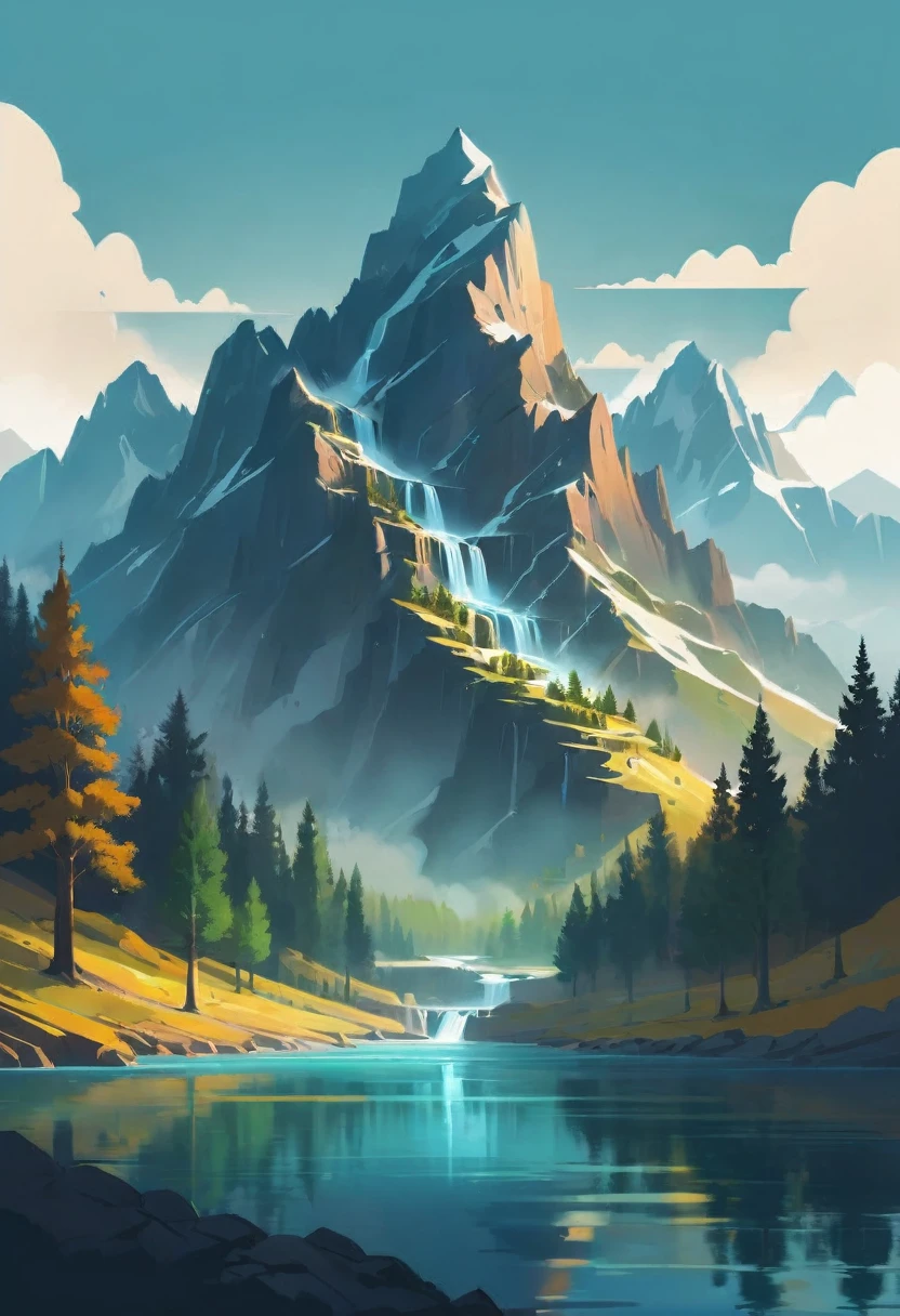 impressive painting of a mountain with trees and water, a detailed painting by Petros Afshar, shutterstock contest winner, environmental art, detailed painting, outlined art, 2d game art, isolated background for logo, strong contours, logo design