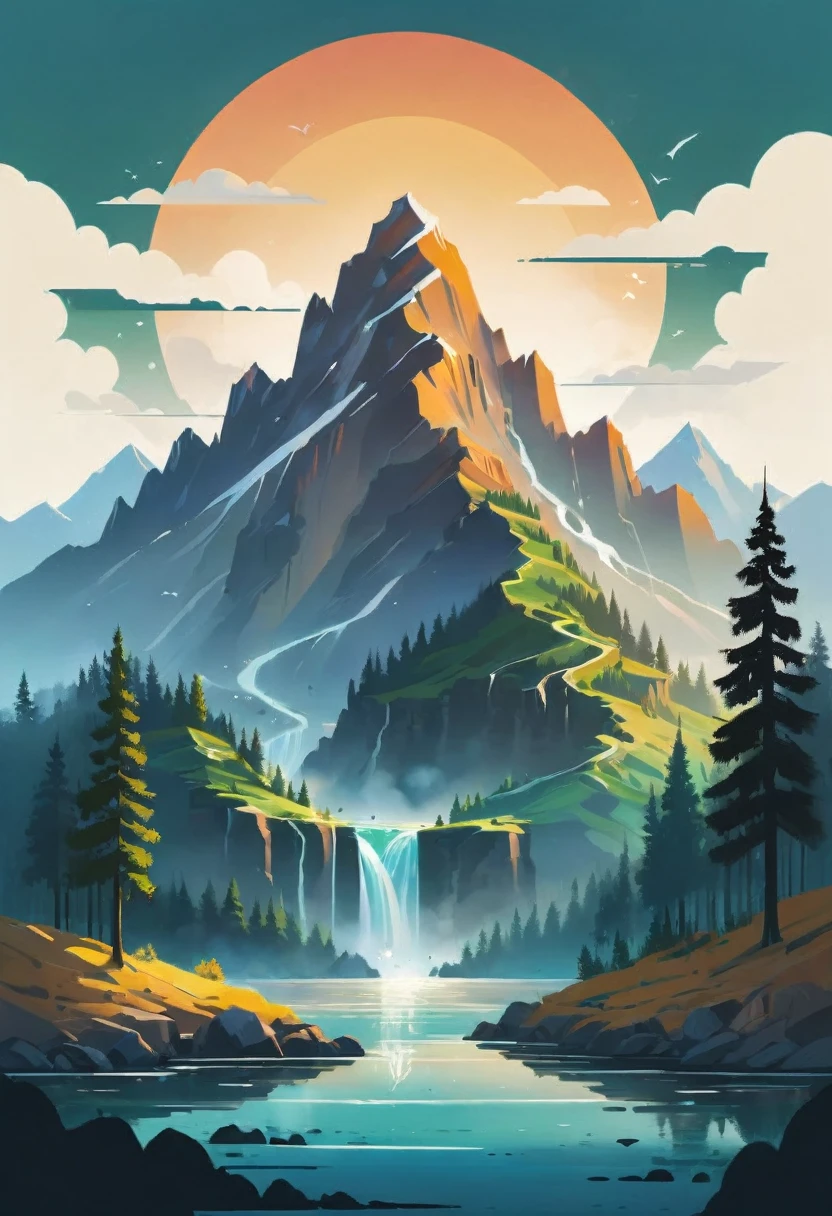 impressive painting of a mountain with trees and water, a detailed painting by Petros Afshar, shutterstock contest winner, environmental art, detailed painting, outlined art, 2d game art, isolated background for logo, strong contours, logo design