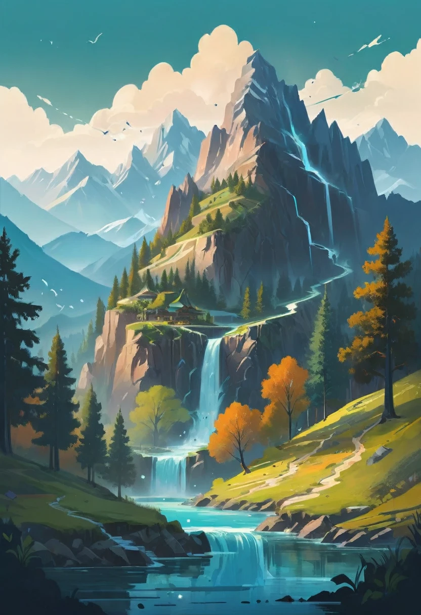 impressive painting of a mountain with trees and water, a detailed painting by Petros Afshar, shutterstock contest winner, environmental art, detailed painting, outlined art, 2d game art, isolated background for logo, strong contours, logo design