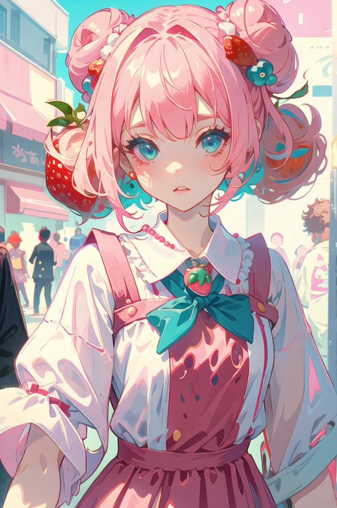 1 girl solo, ((strawberry)), pink hair buns, curly hair, cute dress, harajuku street fashion, decora fashion, beads and charms, many accessories, strawberry theme clothes, ,Kawaii, cute, pretty, anime, pastel, neon