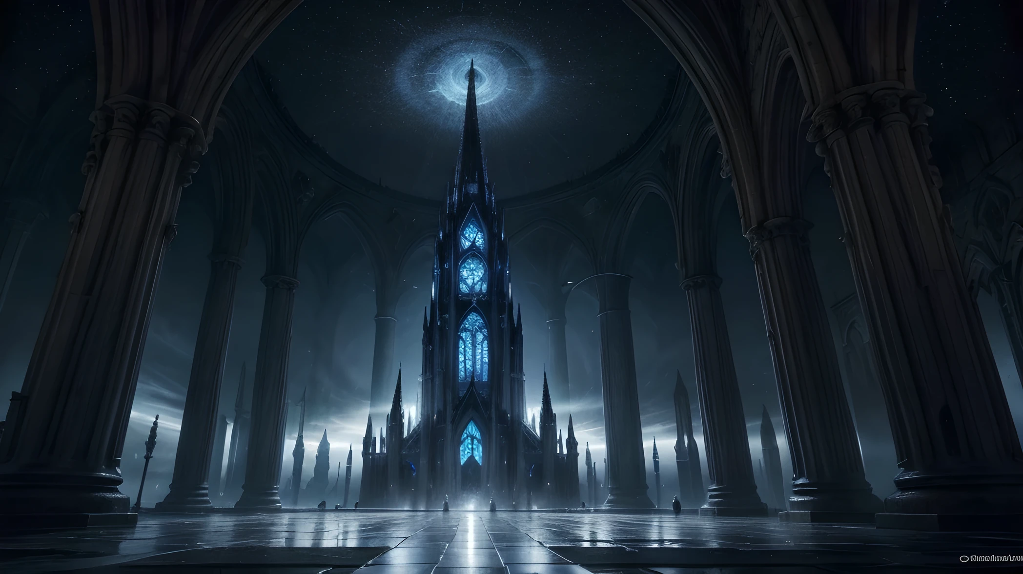 "In an infinite silver dimension, the ground is made of liquid silver, perfectly reflecting the vast sky above. Scattered throughout the ethereal landscape are numerous shining crystals, each capturing light in various hues. At the center of this magical dimension stands an imposing and intricately detailed tower belonging to a wizard. The tower, styled in dark witchcraft architecture, is majestic and foreboding, with gothic elements, arcane symbols carved into the stones, and narrow windows emitting a mystical glow. The structure seems imbued with arcane energy, exuding power and mystery."