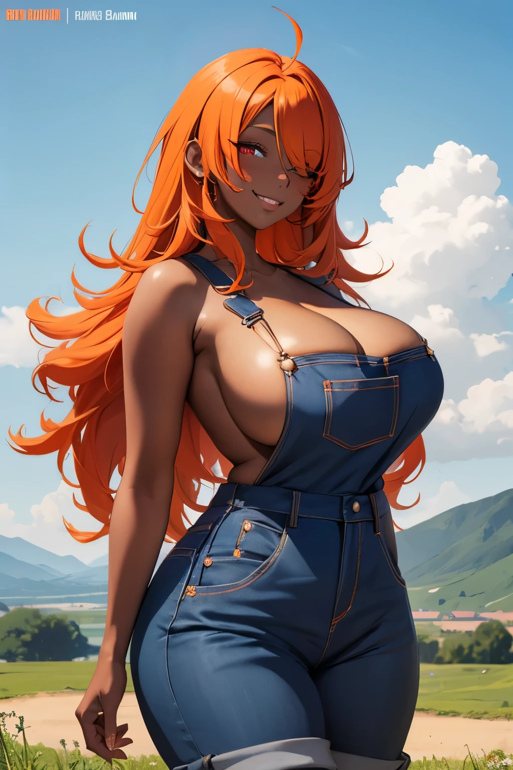 Beautiful woman, 1girl, ((dark skin 1.5)), orange hair hair, ruby red eyes, extremely long hair, hair covering one eye, happy, smiling, blushing, thick_lips, full lips, giant breasts, busty like a pornstar, extreme cleavage, deep cleavage, very thin body, naked overalls, wearing nothing but overalls, cleavage, perfect anatomy, countryside background, background, detailed background, ultra-detailed, 4k, 8k, best quality, masterpiece