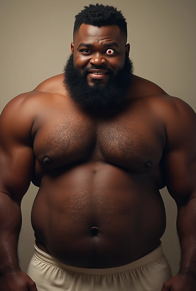 A black skinned chubby man with strong arms. He’s very hairy and has a bushy chest, and plus he has red eyes, with one fully white. He has no shirt on, and is in a pair of boxers,
He looks very kind, and caring, and looks like a total sweetheart.
