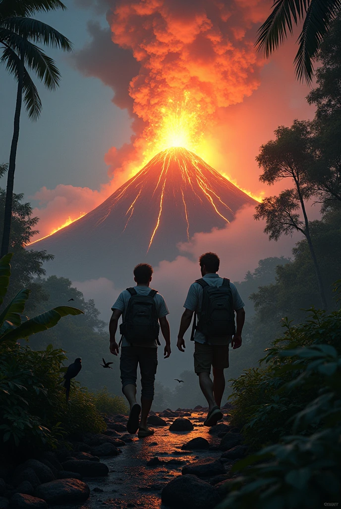 Two man explore running in the jungle, when they see a raging volcano, animals are running, at night 