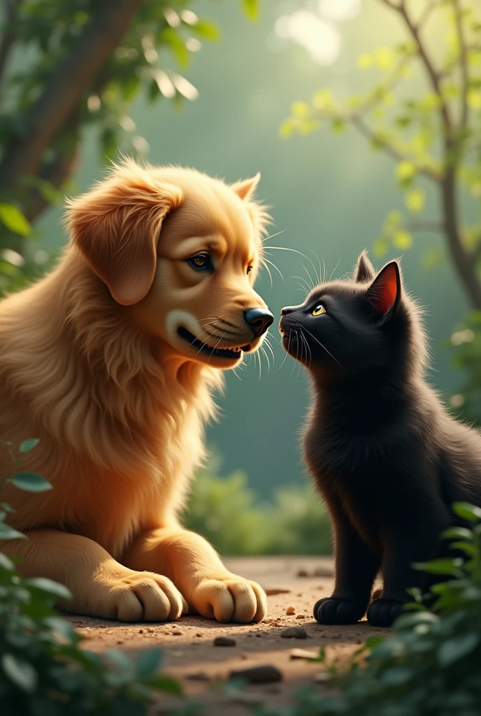 Golden retriever dog and black cat with a mean face