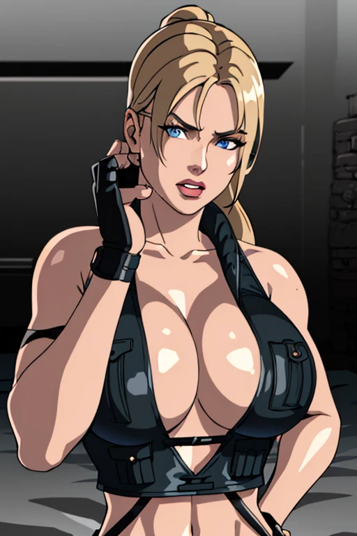 8k, best quality, intricate details, ultra-detailed, ultra highres, depth field, ,masterpiece  ((sonyablade)), european woman, cleavage, wearing a jacket, fingerless gloves, hand on hips, ((huge breasts: 1.4)),crop top, highly detailed eyes, blue eyes, from above, laying on bed, blonde hair, blue eyes, sleeveless, solo,((upper body: 1.3)), leather pants, best quality, (intricate details:1.2), (delicate detailed), (cinematic light), clear line, sharp focus, detailed face unity 8k wallpaper, ultra high res, looking at viewer,