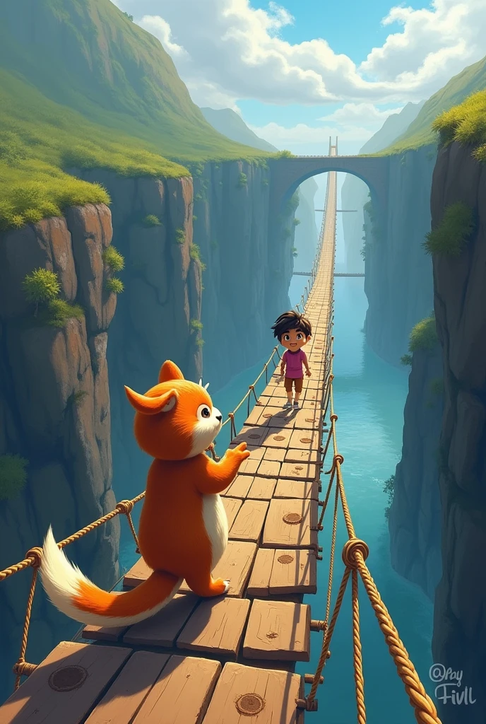 Action: Huppy encourages Ravi to cross the bridge. How does Ravi overcome his fear, and what steps do they take to cross the bridge safely?