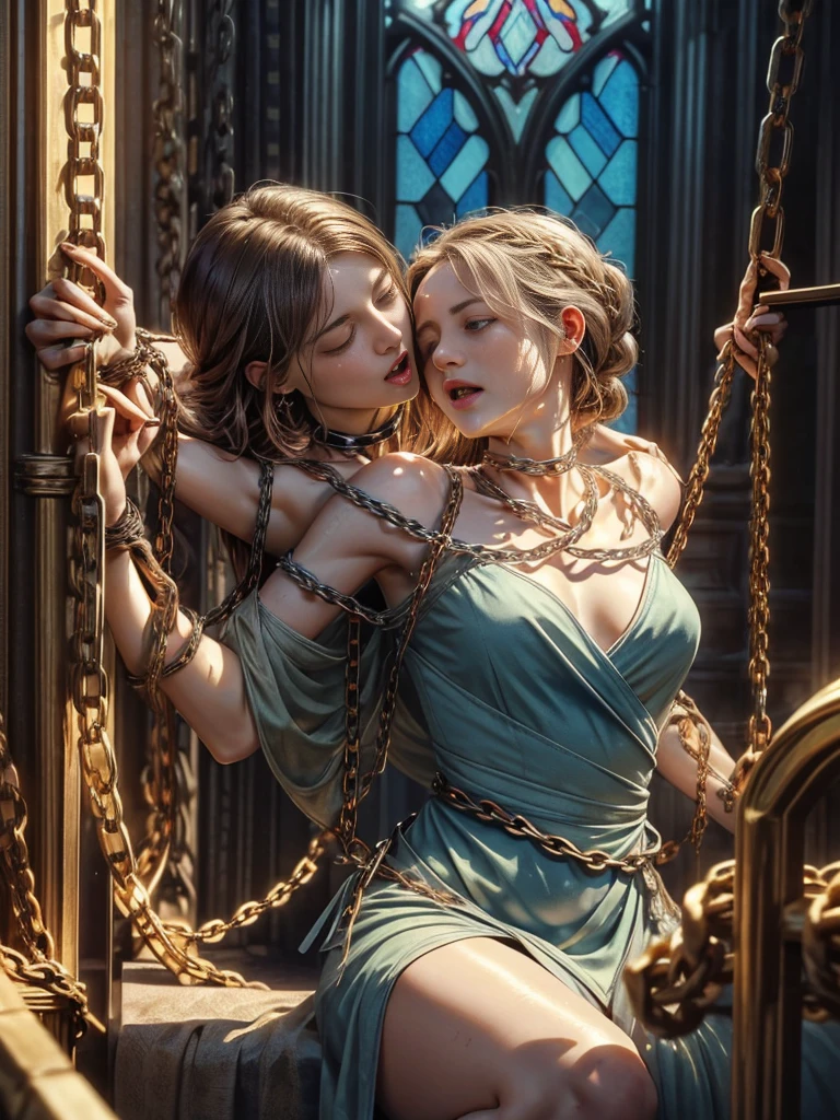 {(watercolor painting:1.2),(ultra realistic photo graphic style:1.1),(renaissance style:1.2)}, {(extremely detailed beautiful face and eyes and skin and hair)}, BREAK, {erotic face,anguish,(very ecstasy:1.2),(writhing:1.4),embarrassing,half open eye},{(very obscene pose:1.2),(arched back:1.2),(arch one's head:1.4)}, {(very Amazing mini length dress:1.2), (very beautiful mini length dress:1.2),(beige colored dress), (sky-blue colored dress), (green-yellow colored dress),(magenta colored dress),(wet clothes:1.2)}, BREAK, {(many chains from the ceiling:1.4), (chain shibari:1.3),(chain bondage), (chain restraint),(wrap limbs with chains:1.8),(chain bind body),(chain in collar:1.2), confinement, shackles}, BREAK, {(2 woman, medium breasts, (lick each other:1.2, saliva), braid hair intricately)},{dynamic low angle view}, {(palace throne room:1.2),(glowing stained glass:1.2)}, BREAK,{(glowing tears:1.1),(pure white skin:1.1)}