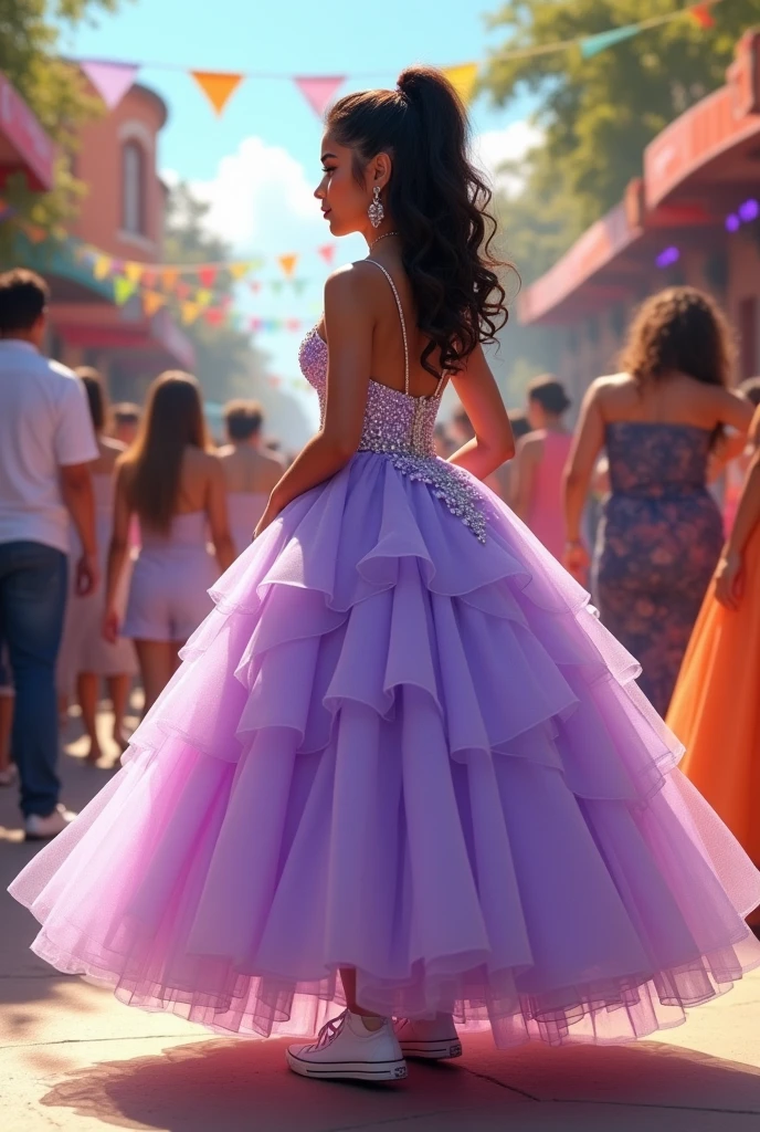 Quinceañera without tiara or crown walking in profile with a beautiful and extravagant dress in a lively lilac color and with her feet in sneakers visible 


