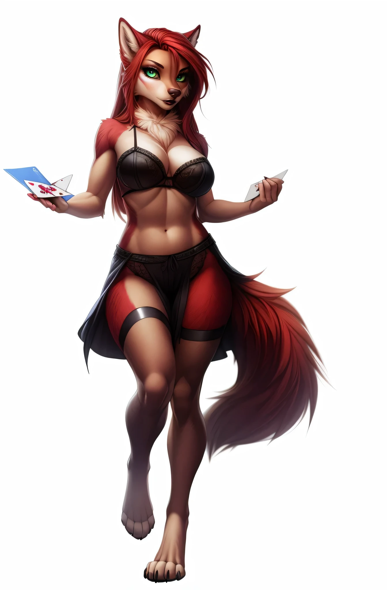 uploaded on e621, (by Wildering, by Koul, by fluff-kevlar, by aycee), solo, female wolf, wolf ears, neck tuft, hip tuft, leg tuft, wolf tail, ((black sclera, green eyes)), (sexy card dealer outfit), ((full-body portrait)), (masterpiece), (best quality), (anthro furry:1.3, snout:1.2, anthro:1.3, furry:1.2, solo female:1.2), (thick figure, curvy figure), (wide hips), (extremely thick thighs), (medium breasts, perky breasts), (sexy pose, suggestive pose), (((black spirals on body, red fur))) BREAK (((digitigrade feet, wild long red hair))), (casino at night background), depth of field, ambient light on the body), (intricate:0.7), (high detail:1.3), (unreal engine:1.3), (sharp focus:1.15), (masterpiece, best quality, 4k, 2k, shaded, absurd res), raining money, Realism, Gothic art, UHD, retina, masterpiece, accurate, anatomically correct, textured skin, super detail, high details, high quality, award winning, best quality, highres, 1080P