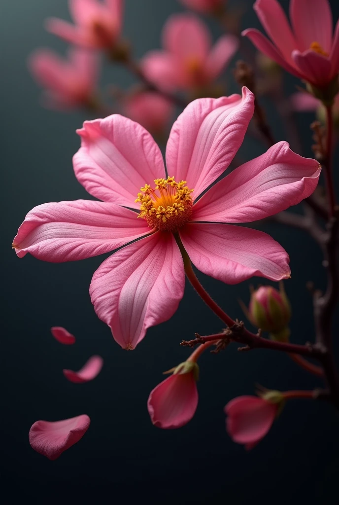 I need a background that highlights the colors, with petals of a jasmine, the petals falling from the flower and that are highlighted in black.