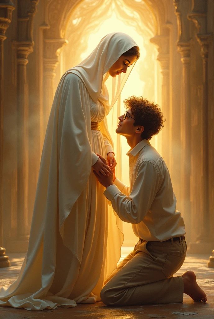 Create an image that represents Our Lady, the Mother of all love, to convey her maternal affection to a 28-year-old young man, curly hair and glasses, who is kneeling in reverence. No fundo, include the lines of text: "You guide us with love along the way, Your motherly love, always so divine. In the silence of prayer, we feel your presence, Your intercession gives us hope. You are the star that shines in the sky, The mother who welcomes us with her sweet veil". Make sure the image highlights Our Lady's kind expression and gentle gestures., transmitting your comforting and loving presence