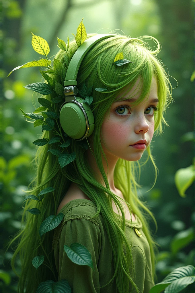 Girl with hair from a large leaf,and leaf headphones.