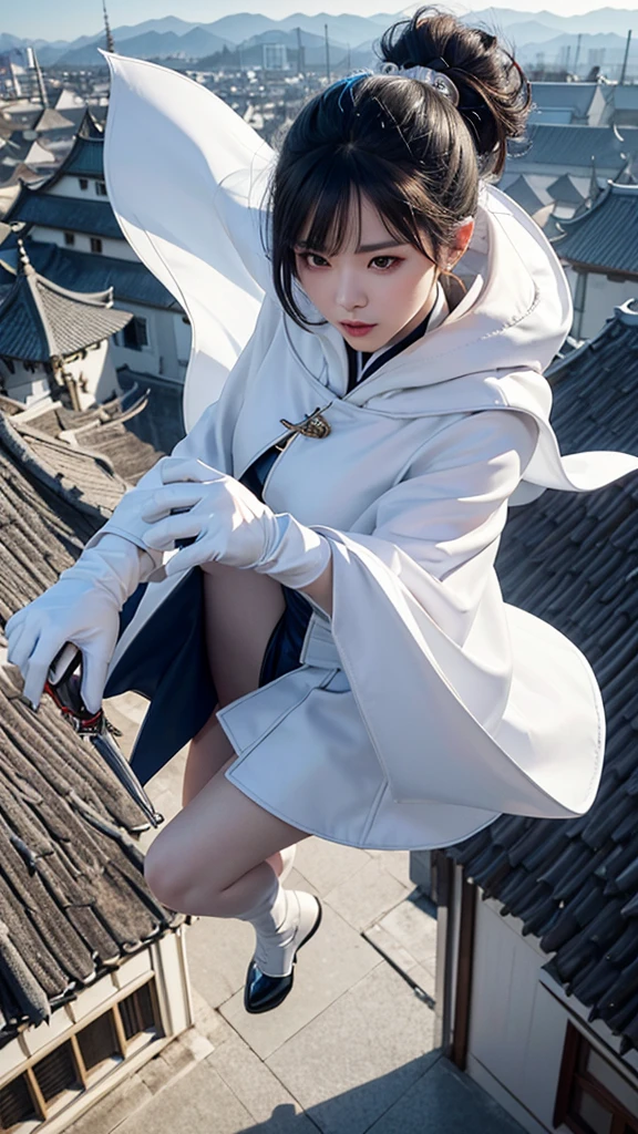 An (((Asian assassin woman))) clad in a sleek modern (((royal white coat with a hood up))), adorned with buttons and a short skirt, paired with a (((regal white cape))), complemented by a high, ((white leather knee-length skirt)) and (((white gloves reaveal a hidden blade ))), as she dons a cloak of medieval south korea village at night, silently scaling the city's rooftops in a (4K) landscape, jumping from roof to  roof