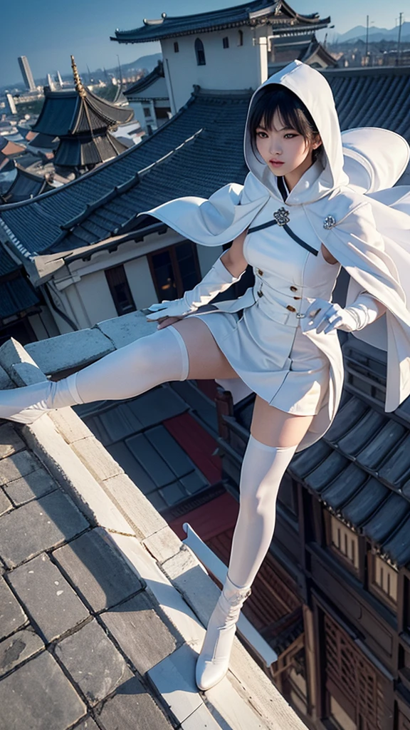 An (((Asian assassin woman))) clad in a sleek modern (((royal white coat with a hood up))), adorned with buttons and a short skirt, paired with a (((regal white cape))), complemented by a high, ((white leather knee-length skirt)) and (((white gloves reaveal a hidden blade ))), as she dons a cloak of medieval south korea village at night, silently scaling the city's rooftops in a (4K) landscape, jumping from roof to roof
