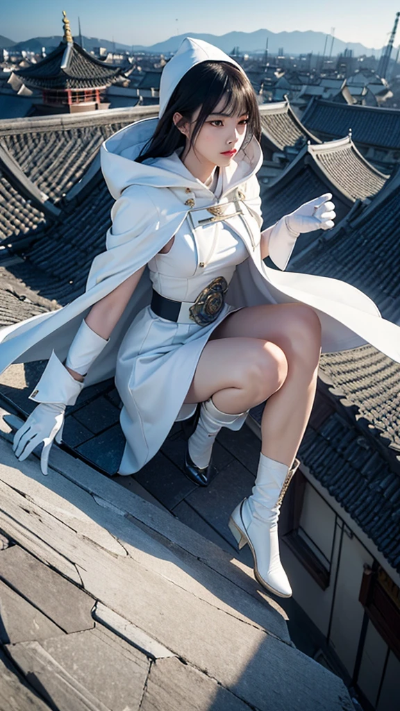An (((Asian assassin woman))) clad in a sleek modern (((royal white coat with a hood up))), adorned with buttons and a short skirt, paired with a (((regal white cape))), complemented by a high, ((white leather knee-length skirt)) and (((white gloves reaveal a hidden blade ))), as she dons a cloak of medieval south korea village at night, silently scaling the city's rooftops in a (4K) landscape, jumping from roof to  roof