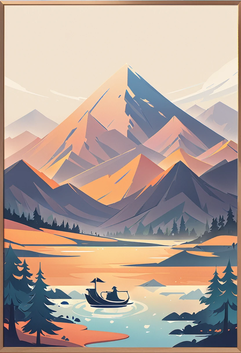 impressive painting of a mountain with trees and water, a detailed painting by Petros Afshar, shutterstock contest winner, environmental art, detailed painting, outlined art, 2d game art, isolated background for logo, strong contours, logo design