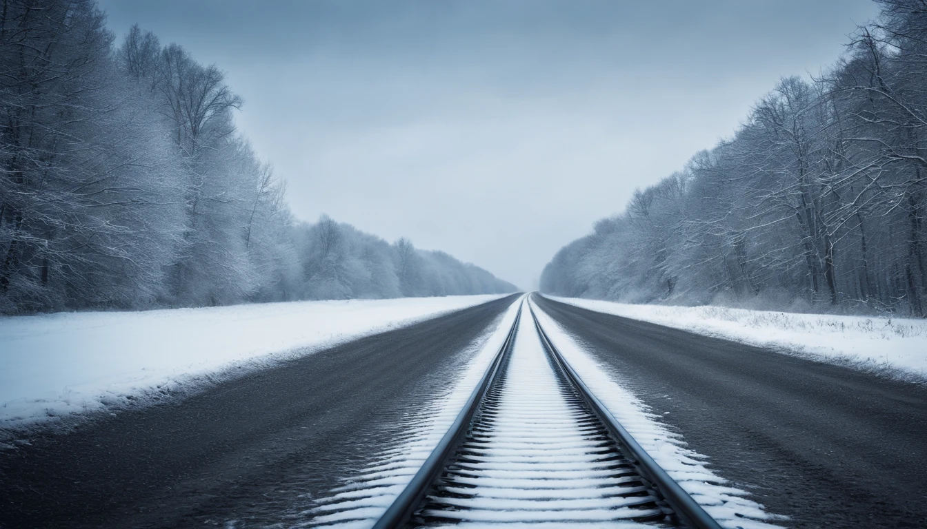 Tram tracks in the countryside, winter, forest visible in the distance, high detail, high resolution, high quality