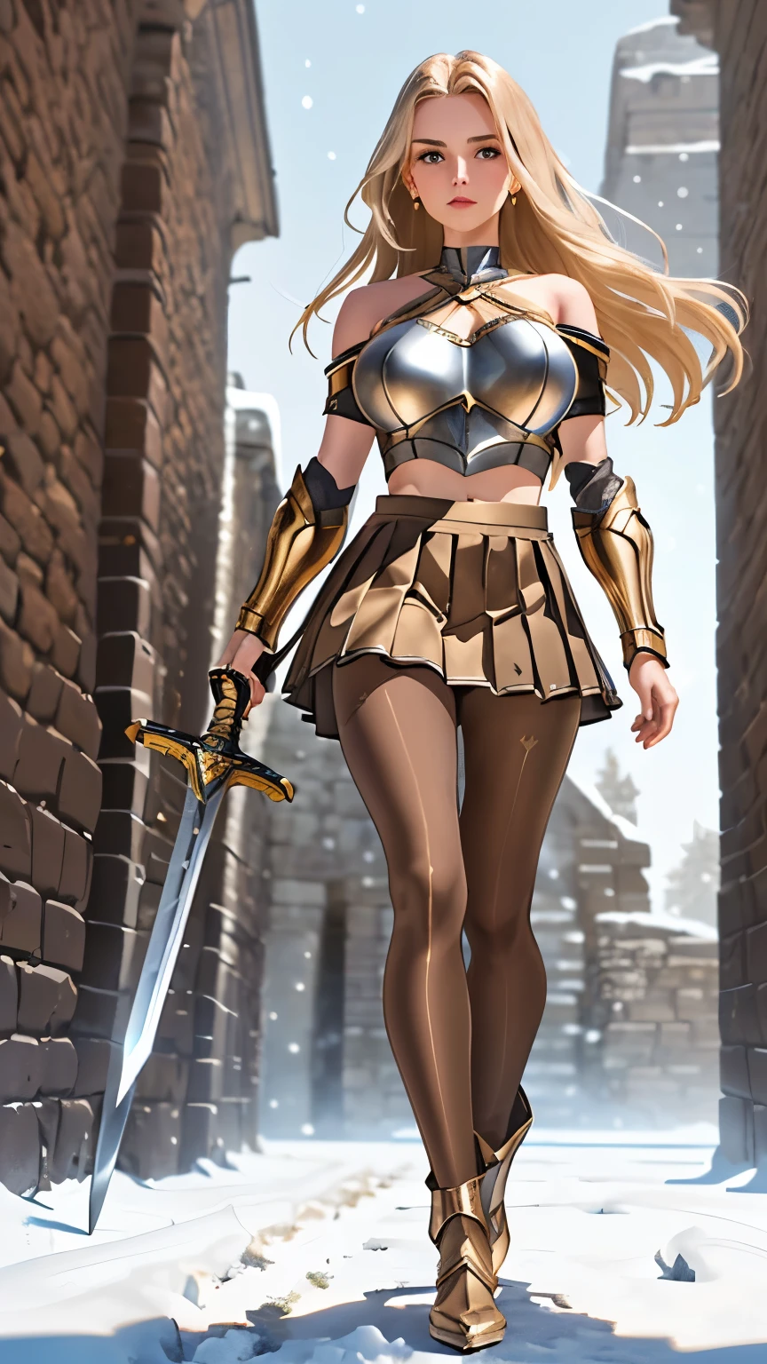 1 girl, masterpiece, maiden, 18 yo, (ideal female body:1.2), perfect body, (metallic halter-top armor:1.2), shoulder armor, (huge breasts:1.4), (brown pantyhose under pleated skirt:1.4), (low wedge heel booties:1.2), long straight platinum-blonde hair, metallic golden wings, pantyhosed legs, backdrop of snowy ancient ruins, (small hips:1.1), small butt, (thin:1.1), skinny girl, short, (155 centimeters tall:1.2), athletic, detailed face, detailed skin, golden circlet, (walking towards the viewer:1.2), natural lighting, low denier pantyhose, 8k, HDR, amazing details, hyper-realistic, photorealistic, (sword in hand, pointed up to the sky:1.1)
