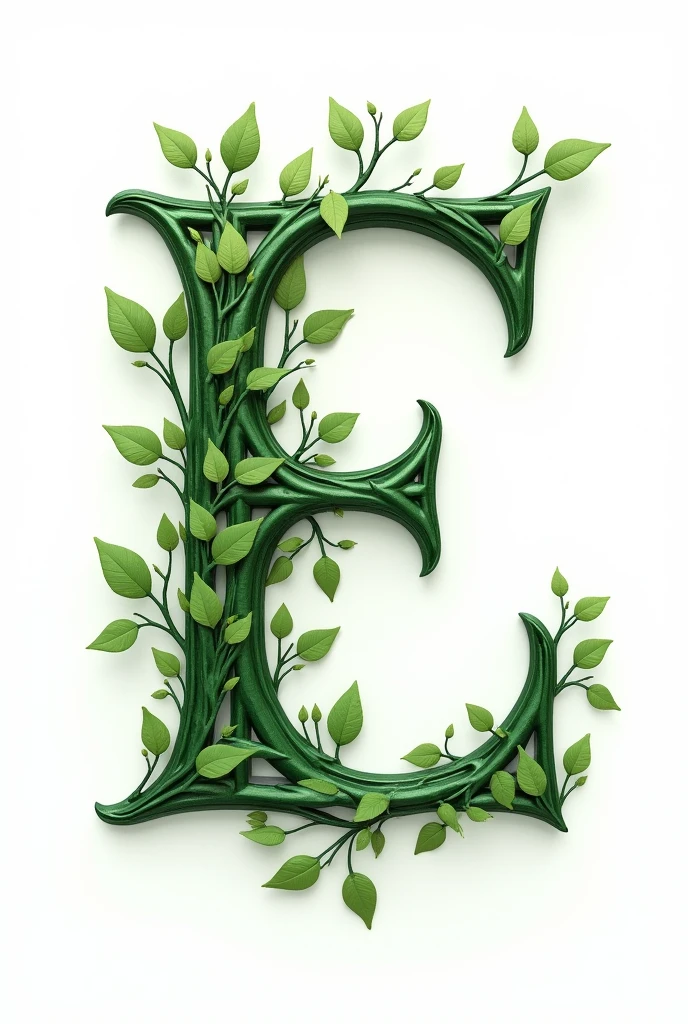 "A capital letter 'E' with an acute accent, in Art Nouveau style, formed by intertwined branches, with leaves in shades of emerald green. The pure white background"