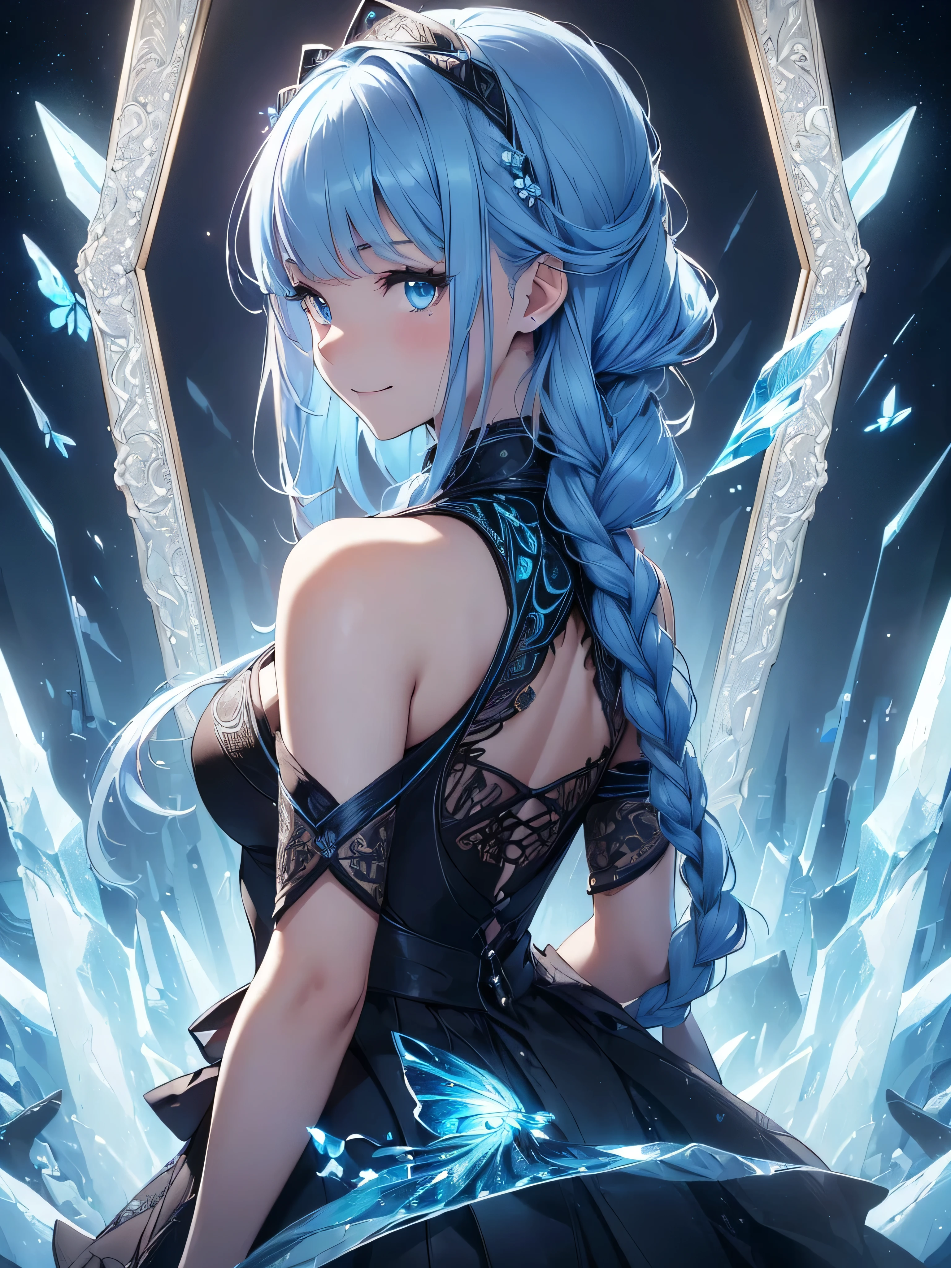 (((best quality, sharp image, clear image, cinematic lighting, 8k resolution, masterpiece, ultra detailed, intricate))) Girl, (((looking over shoulder))),shot from behind, sorcerer, cute, ice blue hair, intricate dress, black dress, braided hair, ribbons in hair, smiling, Ice blue, ((intricate background)), (rune frame), dimension, (ice butterflies)