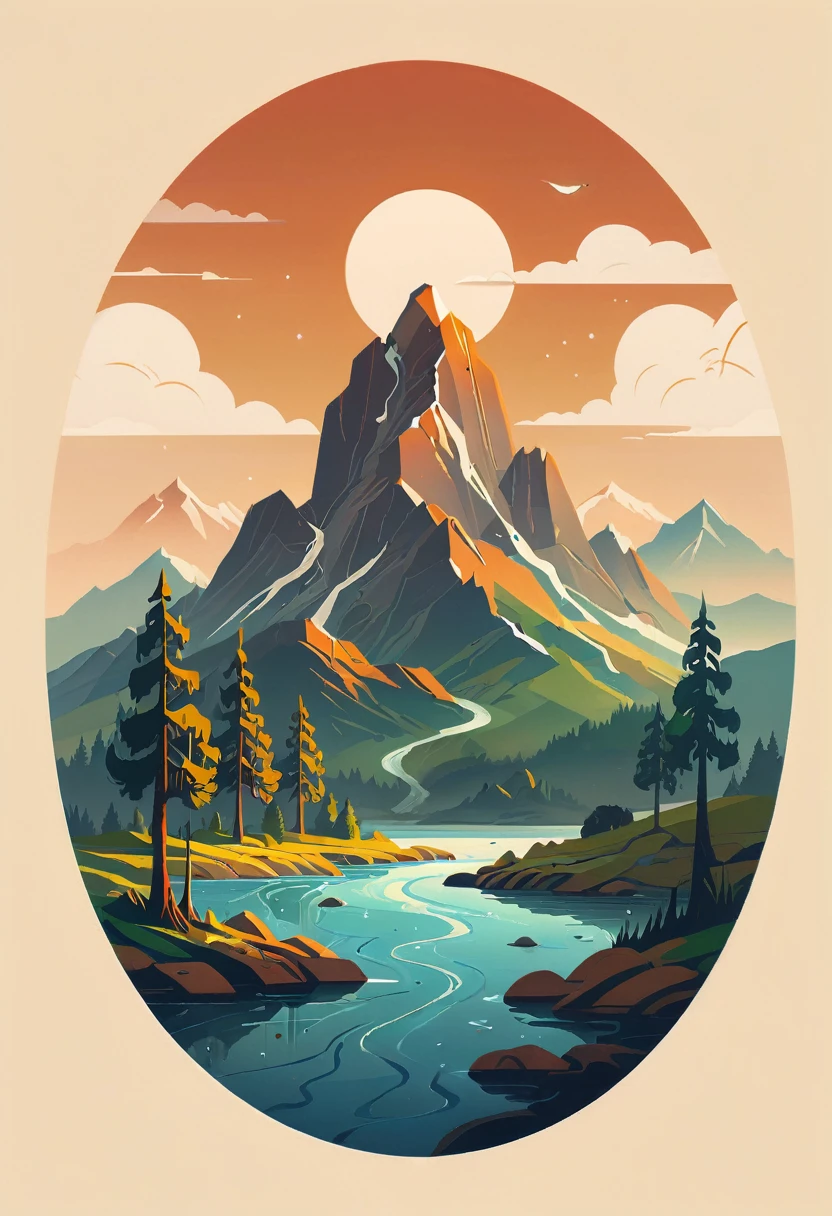 impressive painting of a mountain with trees and water, a detailed painting by Petros Afshar, shutterstock contest winner, environmental art, detailed painting, outlined art, 2d game art, isolated background for logo, strong contours, logo design