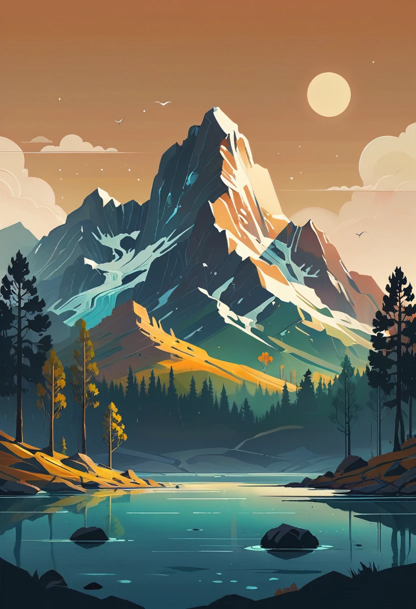 impressive painting of a mountain with trees and water, a detailed painting by Petros Afshar, shutterstock contest winner, environmental art, detailed painting, outlined art, 2d game art, isolated background for logo, strong contours, logo design
